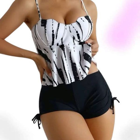 Retro Chic High-Waist Tankini Set with Shorts