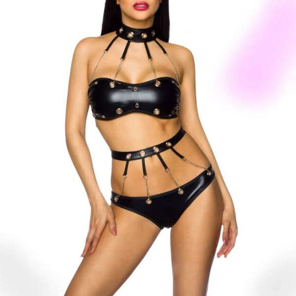 Seductive Gothic Faux Leather Lingerie Set – Strappy Panty & Bra with Choker Harness