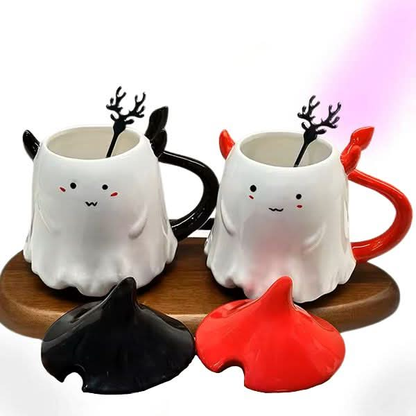 Adorable Halloween Devil Ghost Mugs with Lids & Spoons