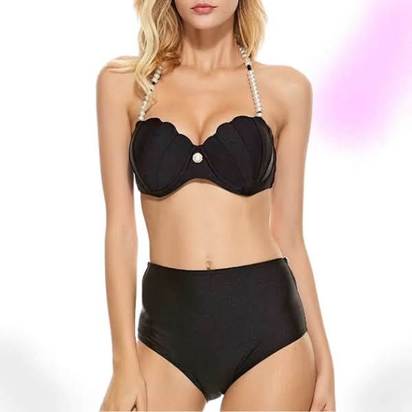 Gothic Pearly Shell Halter Bikini Set – High-Waist Two-Piece Swimwear