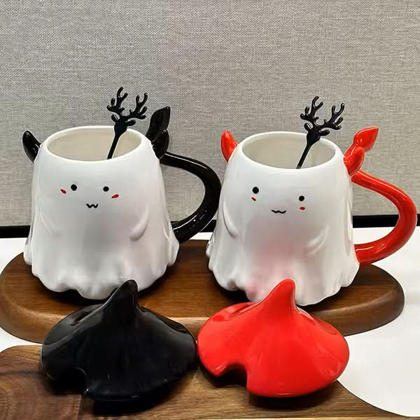 Adorable Halloween Devil Ghost Mugs with Lids & Spoons