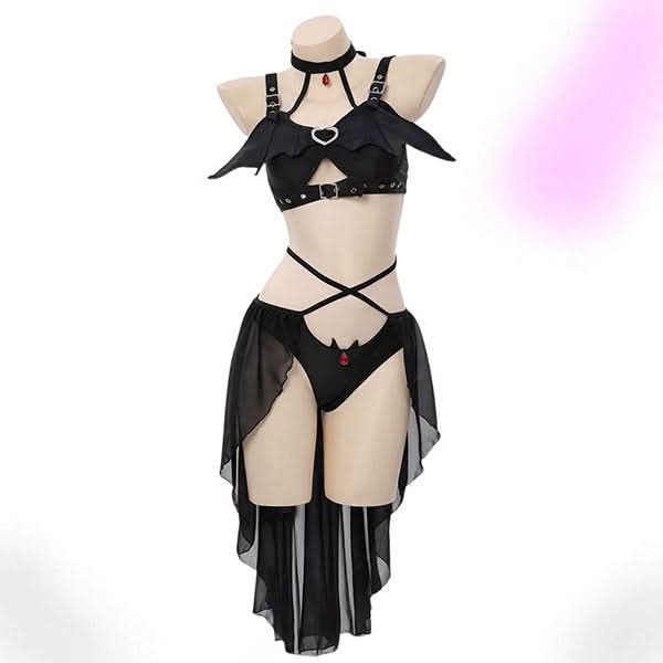 Dark Elegant Bat Lingerie Set – Winged Top with Sheer Bottom