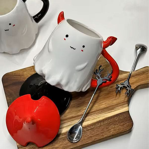 Adorable Halloween Devil Ghost Mugs with Lids & Spoons