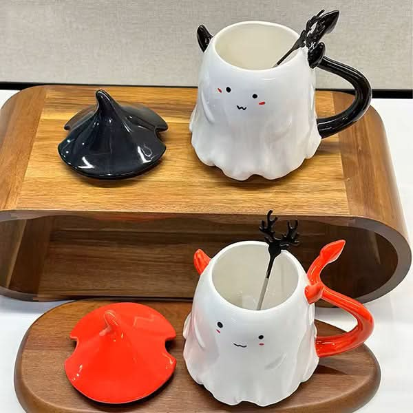 Adorable Halloween Devil Ghost Mugs with Lids & Spoons