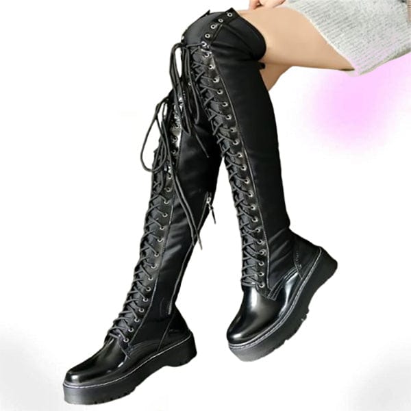 ELECTRA Black Lace Up Over The Knee Boots