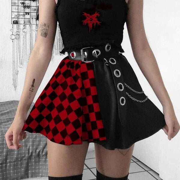 Red & Black Gothic Checkered Skirt