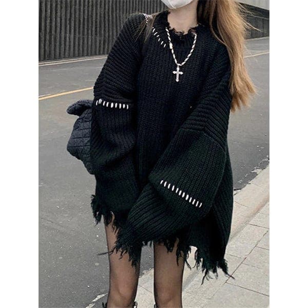 Hailey Black Distressed Knit Sweater