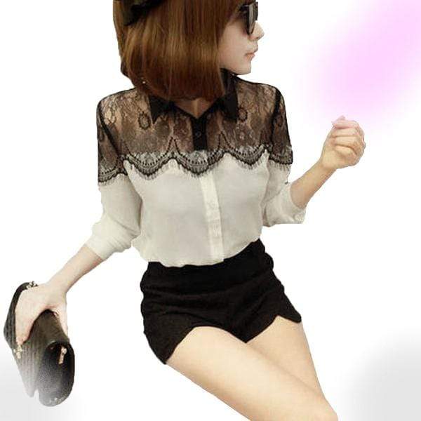 Long Sleeve Hollow Out Black Lace Chiffon Blouse