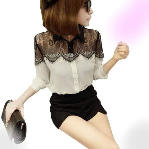 Long Sleeve Hollow Out Black Lace Chiffon Blouse