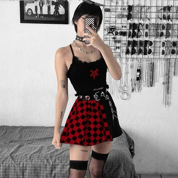 Red & Black Gothic Checkered Skirt