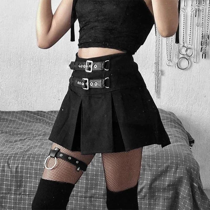 Twin Belt Pleated Skirt | Goth Skirt - Gothic Babe Co