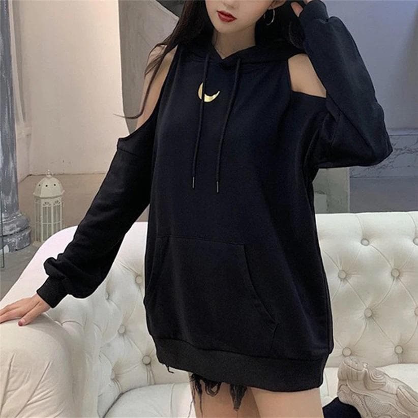 Moon Mystery Cold Shoulder Hoodie | Oversized Hoodie - Gothic Babe Co