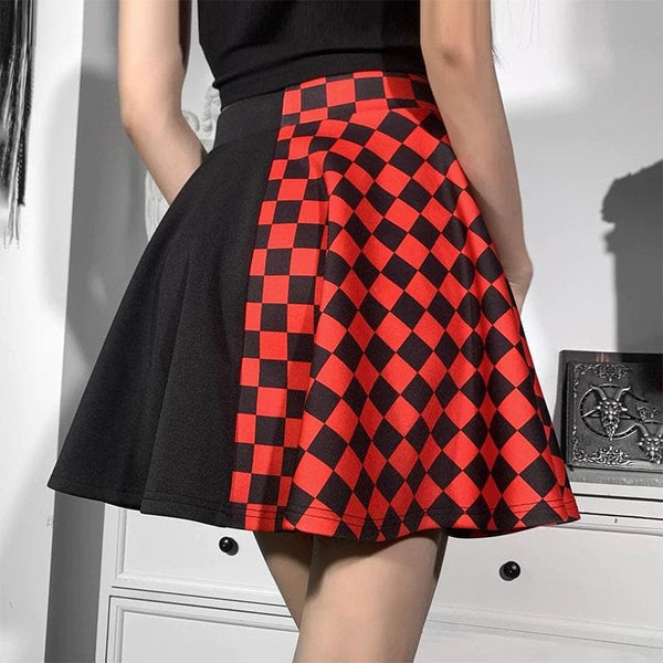 Red & Black Gothic Checkered Skirt