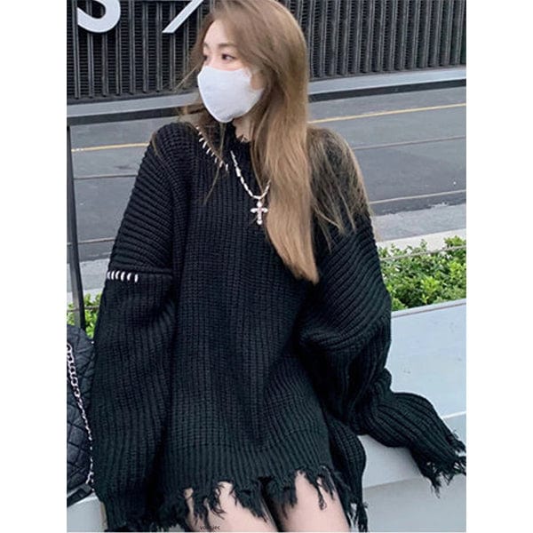 Hailey Black Distressed Knit Sweater