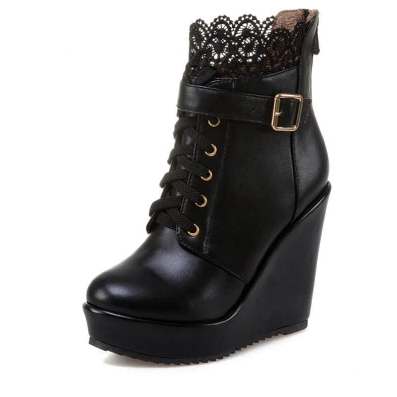 Fashion Lace Black Platform Wedge Ankle Boots For Women - Lace Up Bridal Shoes Wedding White Ladies Boots (BB2)(CD)(WO4)(BB5)(F38)(3U38)