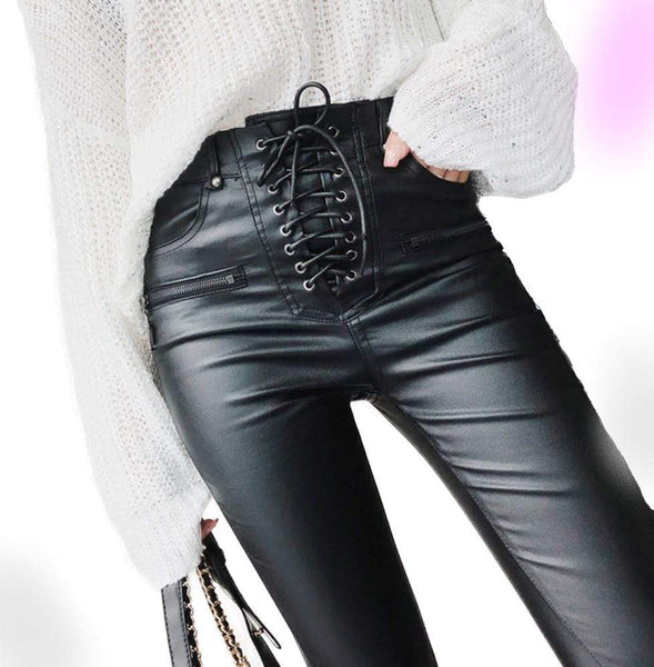 Gothic Leather Lace Pants High Waist