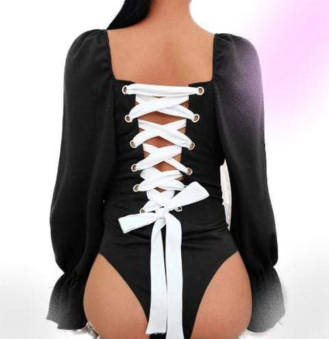Gothic Vintage Back Lace Up Black Bodysuit