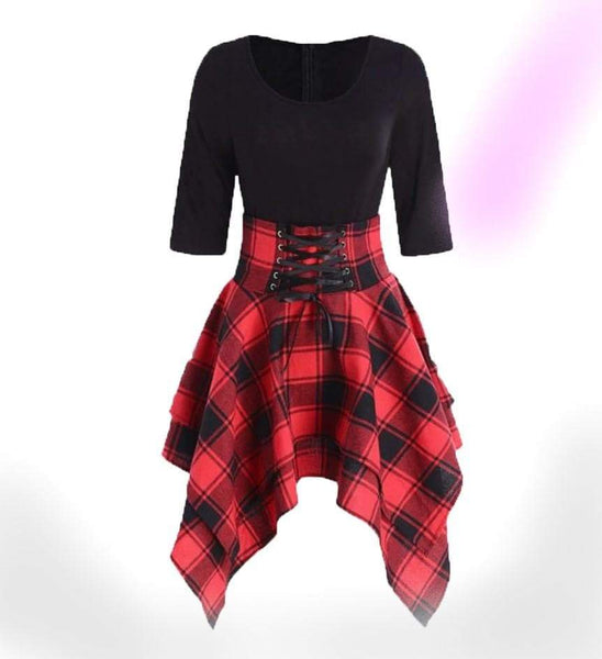 High Waist Plaid Asymmetric Mini Dress