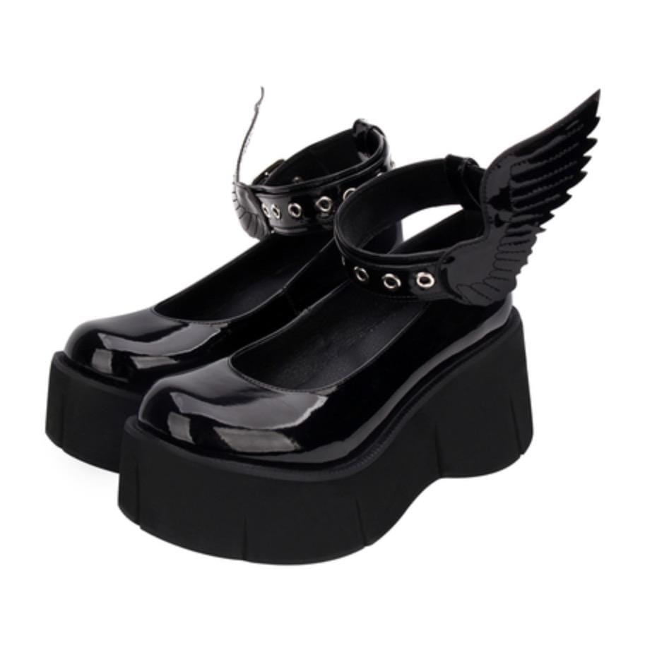 Lolitashow Black Lolita Shoes Round Toe Chunky Heel Cross Front Ankle Strap  Bow Lolita Pumps - Lolitashow.com