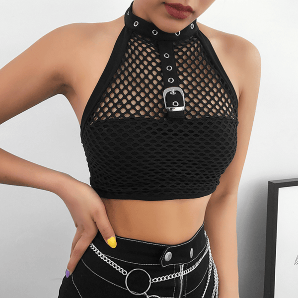 Halter Black Mesh Crop Top