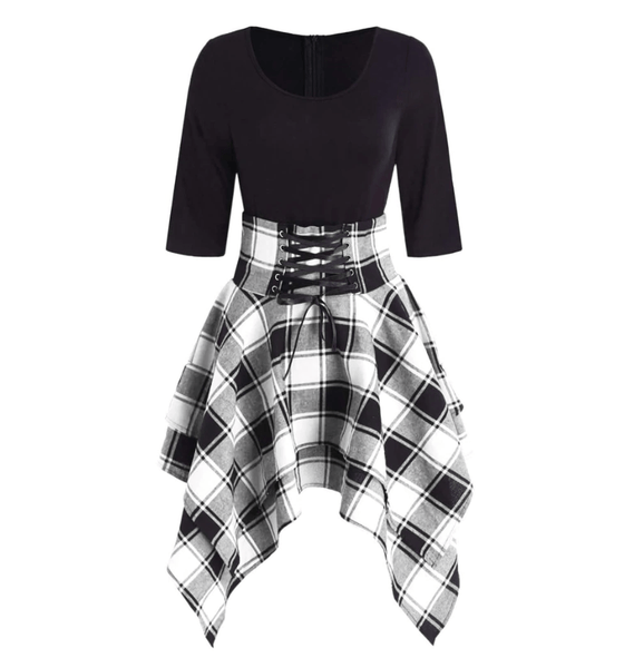 High Waist Plaid Asymmetric Mini Dress