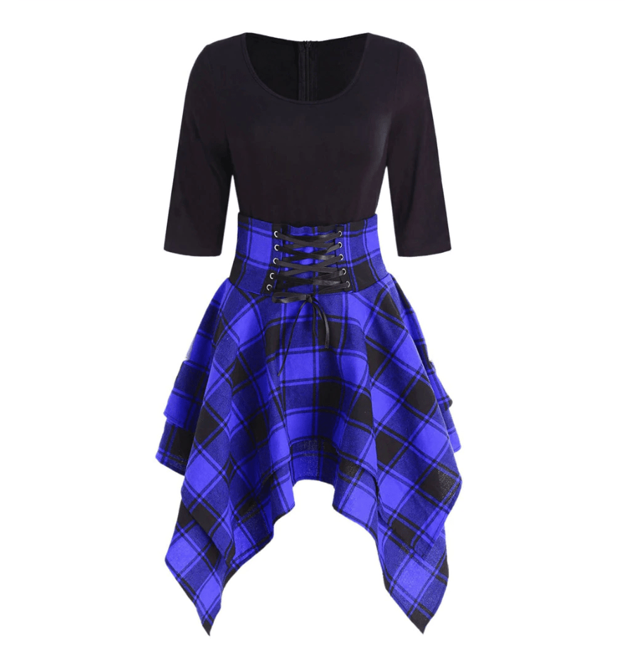High Waist Plaid Asymmetric Mini Dress