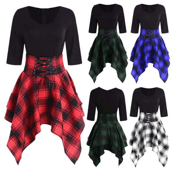 High Waist Plaid Asymmetric Mini Dress