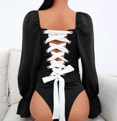 Gothic Vintage Back Lace Up Black Bodysuit