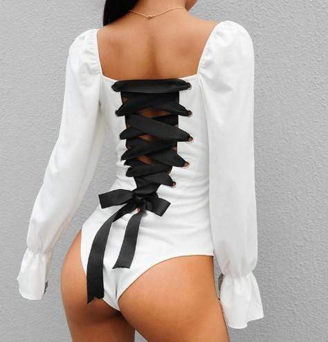 Gothic Vintage Back Lace Up Black Bodysuit