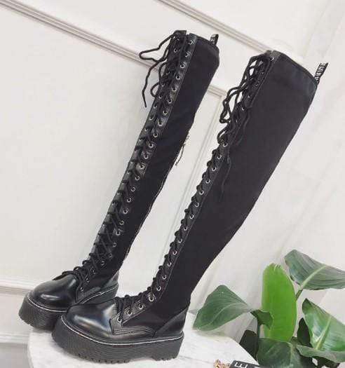 ELECTRA Black Lace Up Over The Knee Boots