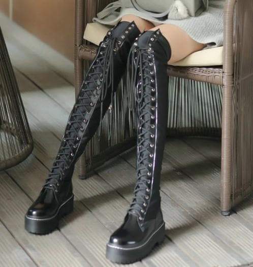 ELECTRA Black Lace Up Over The Knee Boots