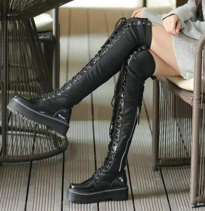 ELECTRA Black Lace Up Over The Knee Boots