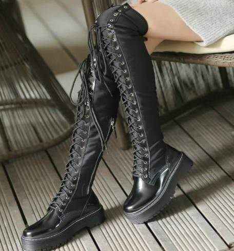 ELECTRA Black Lace Up Over The Knee Boots