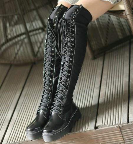 ELECTRA Black Lace Up Over The Knee Boots