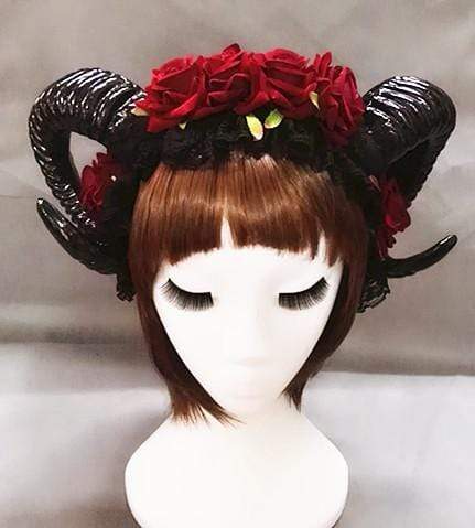 GOTHIC HORNS HEADDRESS WITH OPTIONAL BLACK VEIL (ROSE RED)