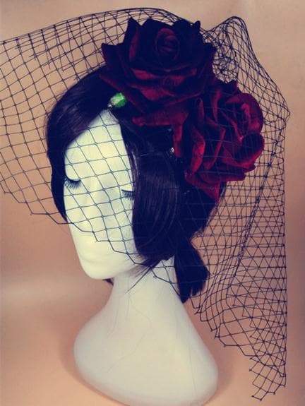 Gothic Red Flower Black Veil Hair Clip